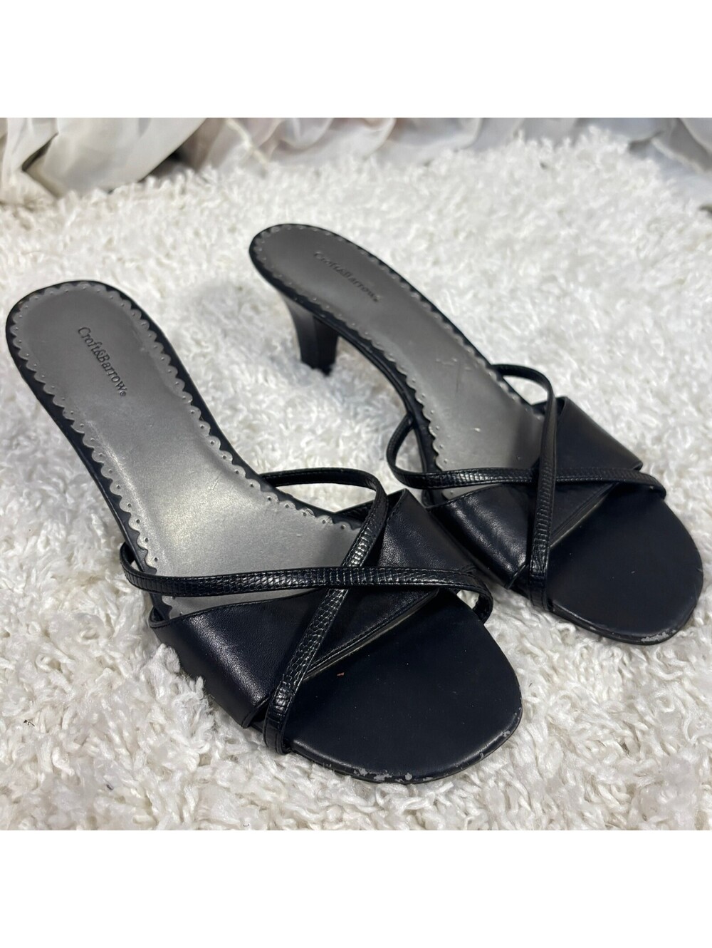 Croft & Barrow Leather Kitten Heel Slide Sandals Black Strappy Size 8.5